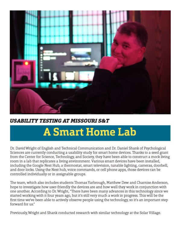 a screen capture of a story about S&T's smart home lab